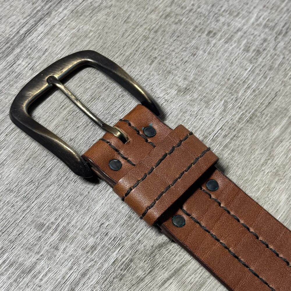 Vintage Brown Genuine Rugged Range Leather Wide Belt Contrast Stitching Thick - Picture 10 of 13